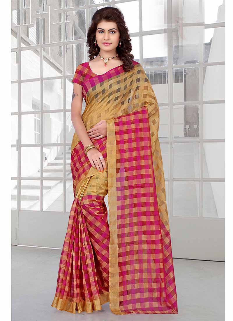 Pink and yellow checkered tissue printed Saree