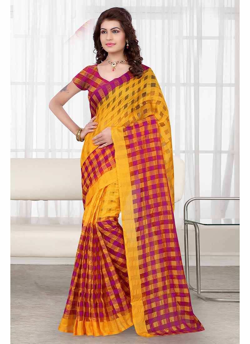 Maroon and yellow checkered tissue printed Saree