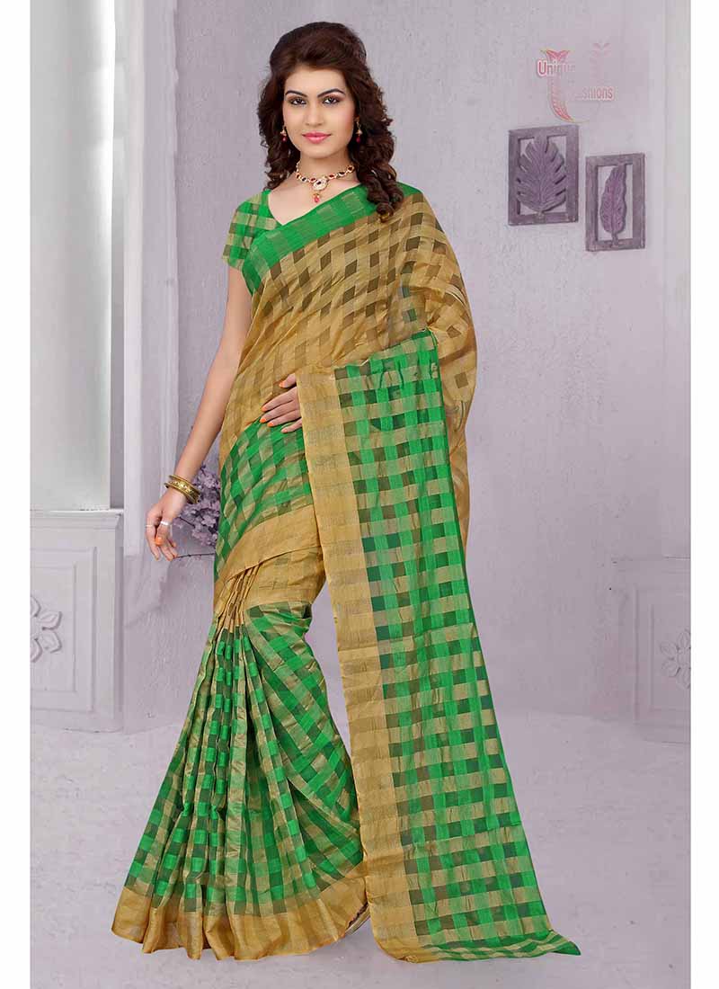 Green and yellow checkered tissue printed Saree