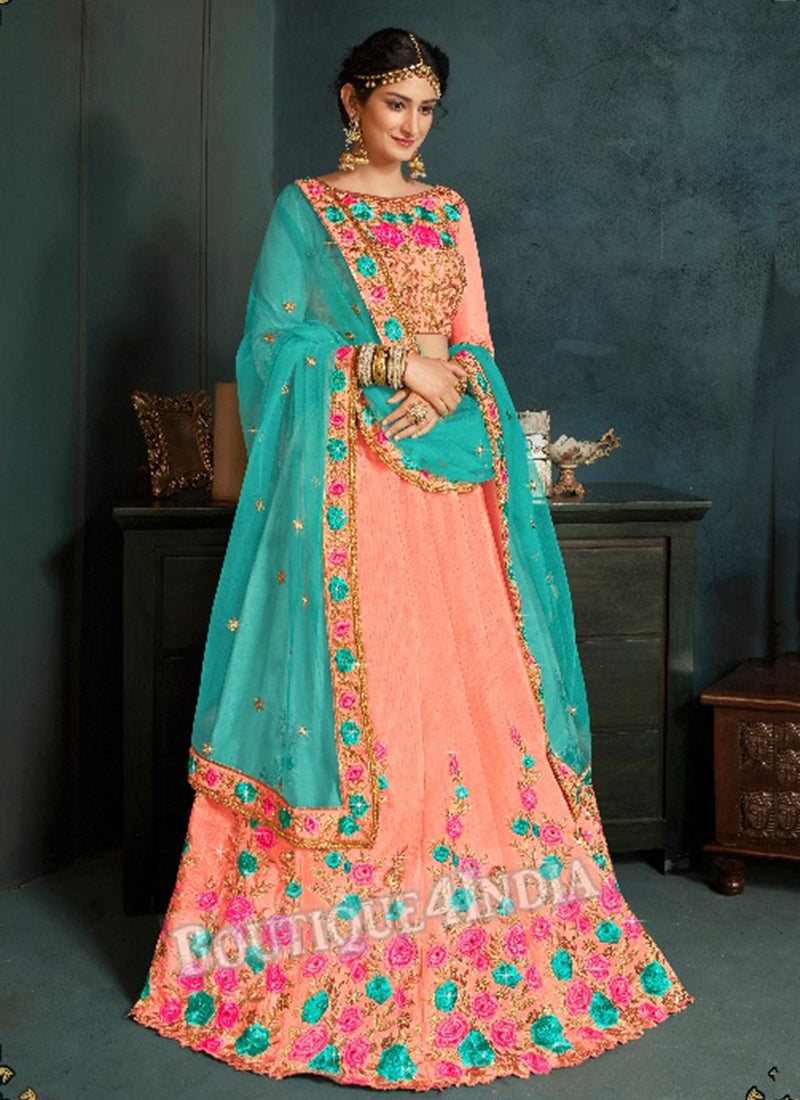 Peach Silk Bridal Embroidered Lehenga