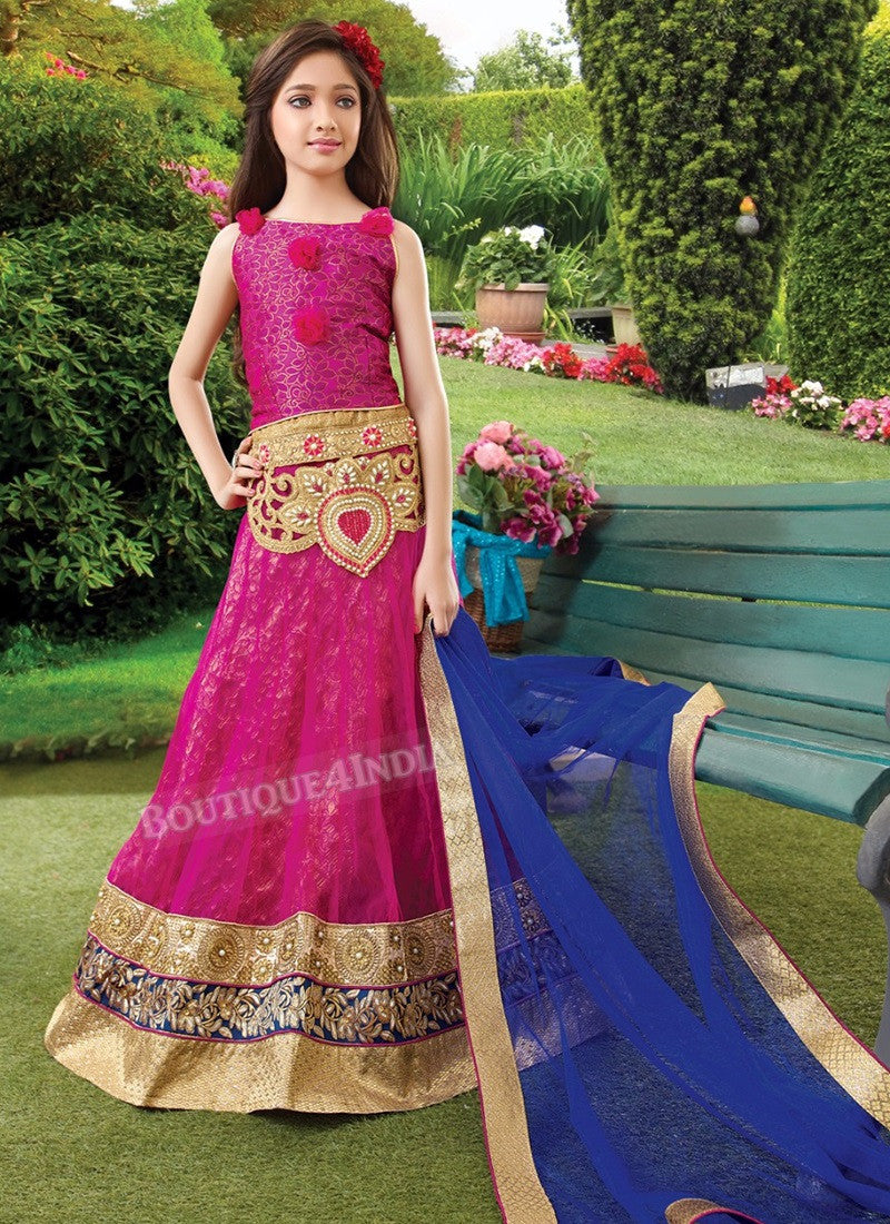 Pink Net Kids Wear Embroidered Work Lehenga Choli