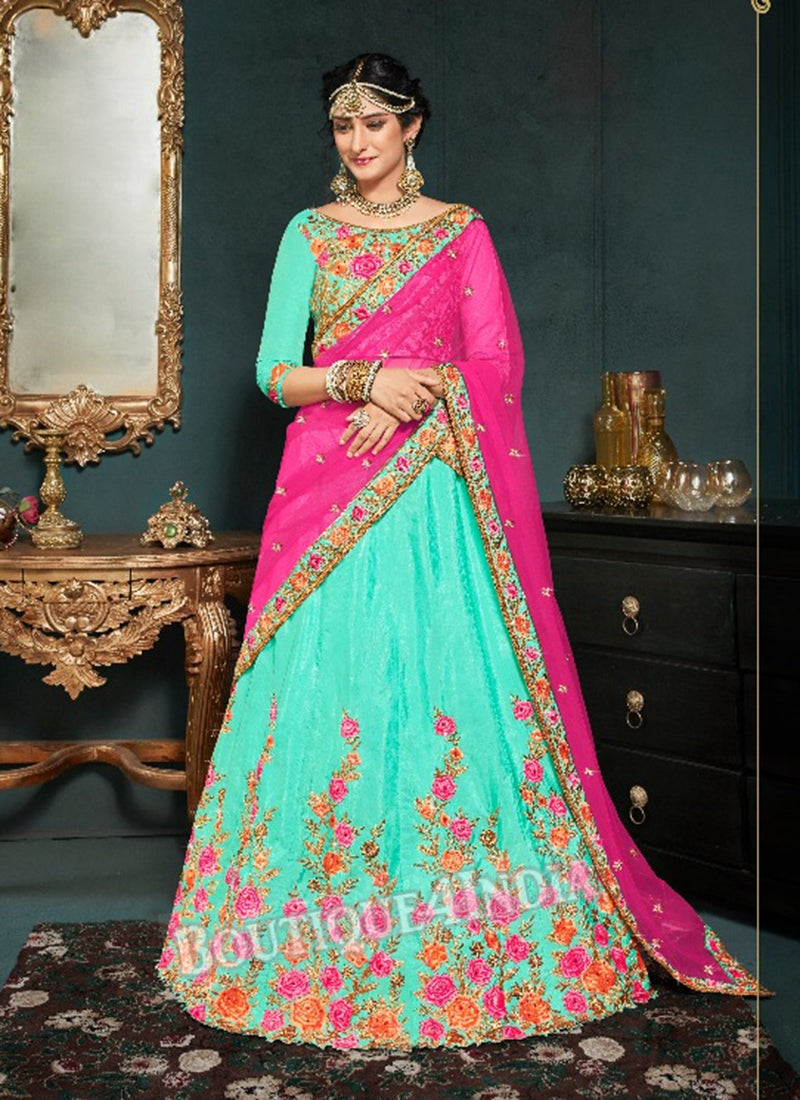 Pista Silk Bridal Embroidered Lehenga