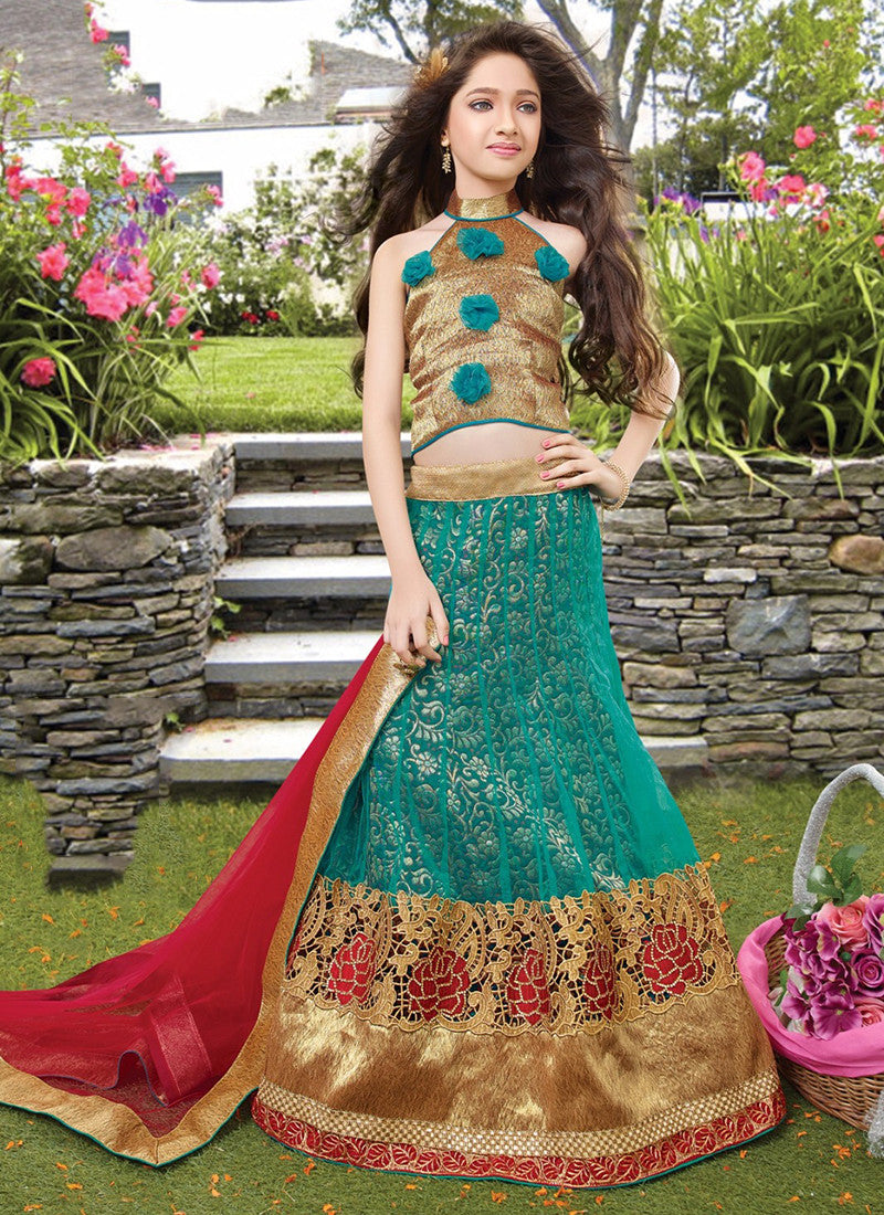 Girl's Turquoise  and green Lehenga Choli