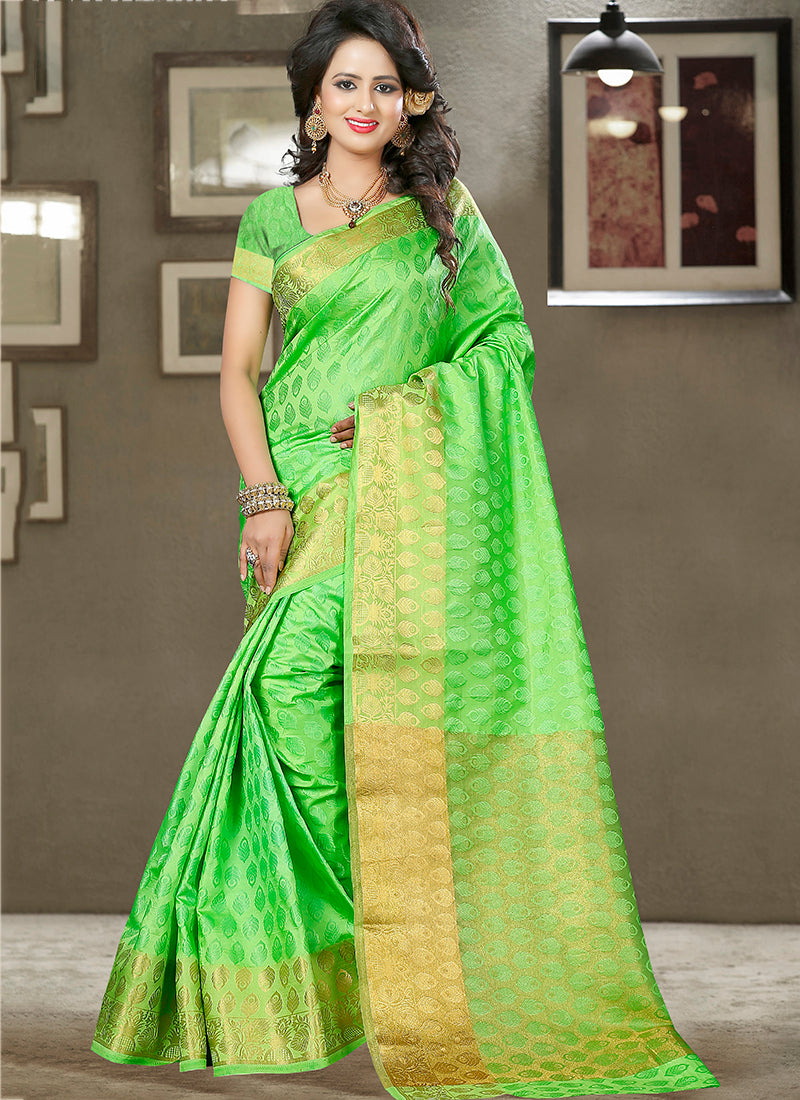 Lime green Art Silk and zari work Saree