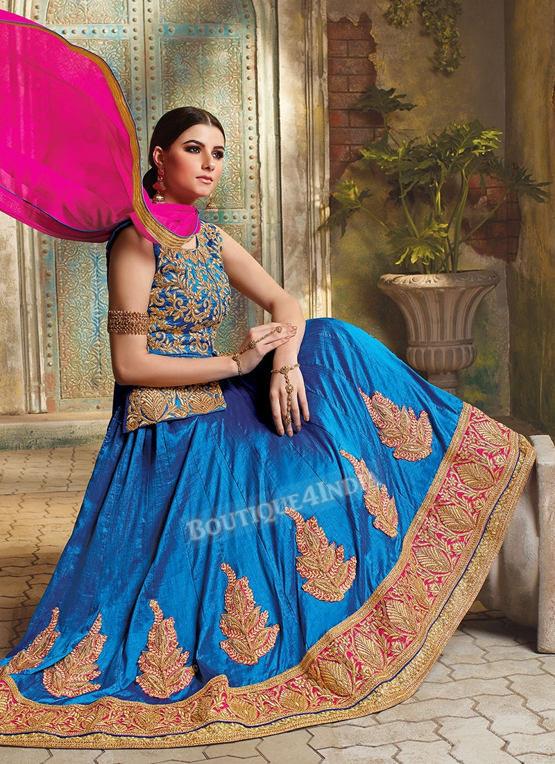 Sky Blue Silk crop top style Lehenga