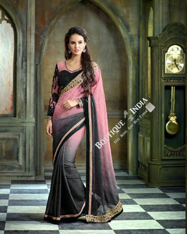 Sarees - Baby Pink, Black and Grey Embroidery and Net - Boutique4India Inc.