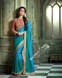 Sarees - Blue And Ruby Red Net and Chiffon - Boutique4India Inc.