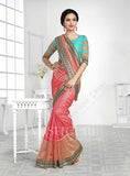 Chiffon Silk Saree in Peach, Pink, Orange Shade and Blue - Boutique4India Inc.