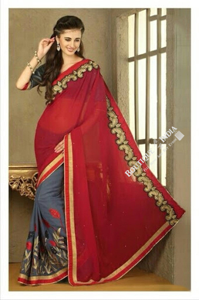 Sarees - Maroon, Bluish Grey, Net and Chiffon - Boutique4India Inc.