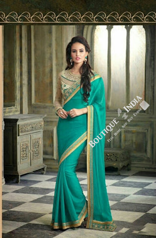 Sarees - Net and Chiffon with Turquoise And Golden Color - Boutique4India Inc.
