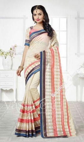 Chiffon Silk and Net Embroidered Saree in Cream, Blue and Pink - Boutique4India Inc.