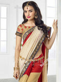 Chiffon Silk and Net Saree in Maroon, Cream and Blue - Boutique4India Inc.