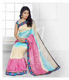 Chiffon Silk and Net Embroidered Saree in Pink, Blue and Cream - Boutique4India Inc.