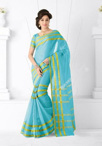 Trendy Cotton Silk Saree in Blue and golden - Boutique4India Inc.