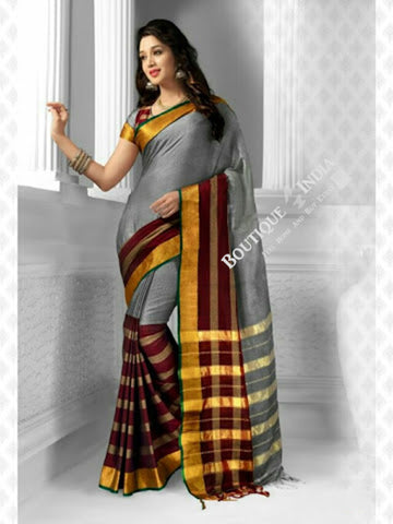 Cotton Silk Casual Saree in Grey and Golden - Boutique4India Inc.
