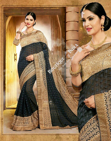 Sarees - Black Net and Embroided and Jari Work - Boutique4India Inc.
