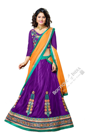 Lehenga - Attractive Heavy Work Designer Lehenga Collection - Royal Purple, Blue And Yellow Most Beautiful 3 Piece Semi Stitched Lehenga Collection For Party / Wedding / Special Occasion - Semi Stitched, Blouse - Ready to Stitch - Boutique4India Inc.