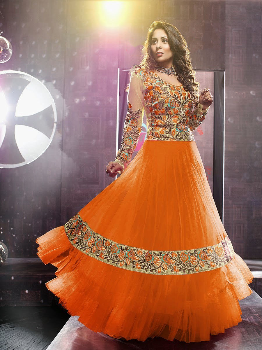Net Long Salwar - Orange And Ivory Unique Long Net And Embroidery Work Gorgeous Salwar Collection - Boutique4India Inc.