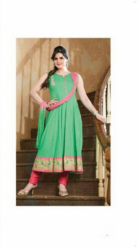 Heavy Work Anarkali Style Collection - Elegant Green, Pink And Golden Beautiful Anarkali Style Long Salwars With Dazzling Embroidery Work / Party / Special Occasions / Wedding / Casual - Ready to Stitch - Boutique4India Inc.