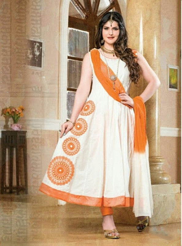 Heavy Work Anarkali Style Collection - Half White, Orange And Golden Ready To Stitch Material - Half White, Orange And Golden Beautiful Anarkali Style Long Salwars With Dazzling Embroidery Work / Party / Special Occasions / Wedding / Casual - Boutique4India Inc.