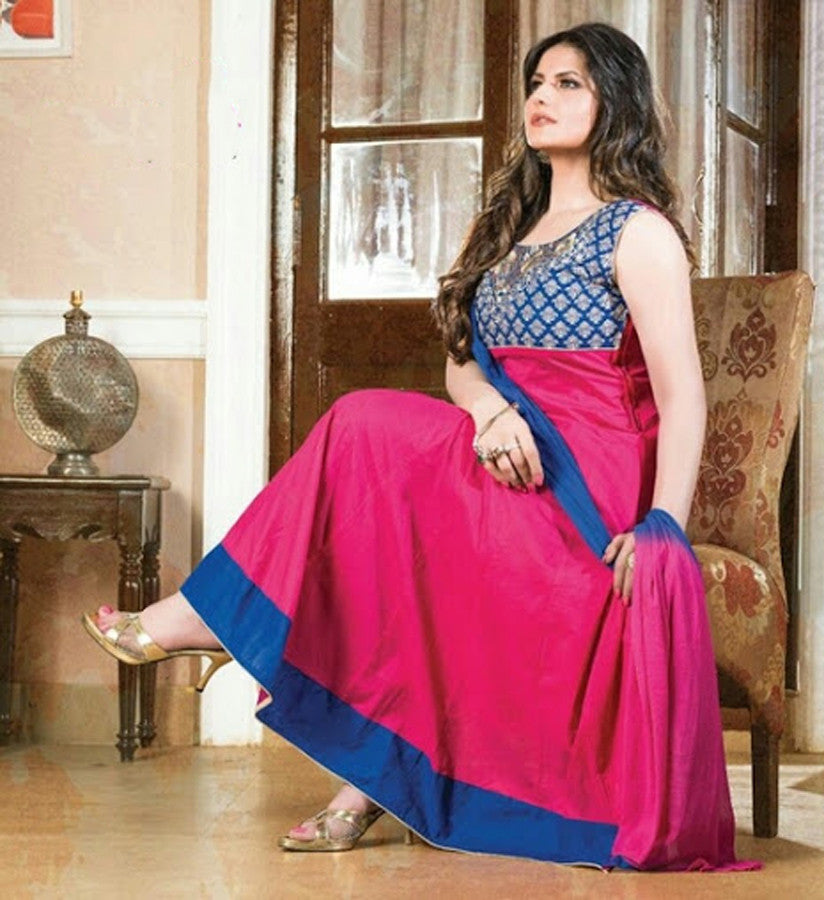 Heavy Work Anarkali Style Collection - Pink, Blue And Golden  Ready To Stitch Material - Pink, Blue And Golden Beautiful Anarkali Style Long Salwars With Dazzling Embroidery Work / Party / Special Occasions / Wedding / Casual - Ready to Stitch - Boutique4India Inc.
