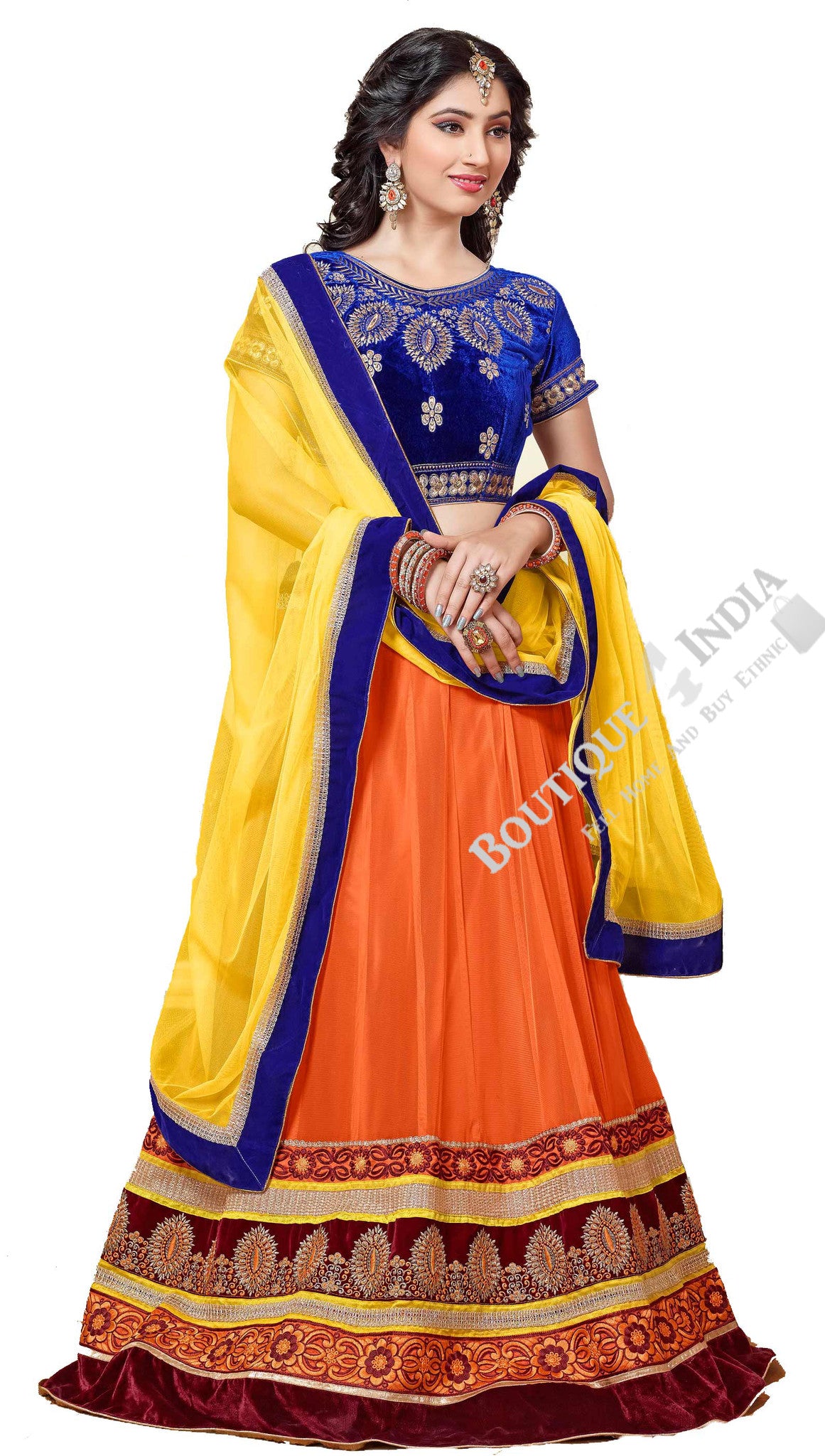 Lehenga - Attractive Heavy Work Designer Lehenga Collection - Velvet Blue, Orange And Brown Most Beautiful 3 Piece Semi Stitched Lehenga Collection For Party / Wedding / Special Occasions - Semi Stitched, Blouse - Ready to Stitch - Boutique4India Inc.