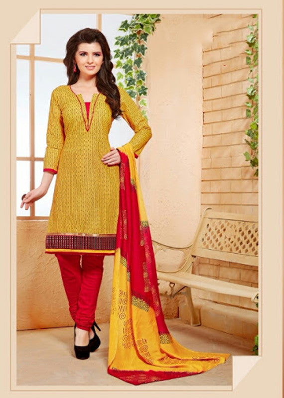 Elegant Embroidery Work Salwar Collection - Yellow And Red  Ready To Stitch Material - Yellow And Red Simple And Beautiful Embroidery Work And Unique Color Combination Salwar Suits / Party / Festivals / Special Occasions /Casual - Ready to Stitch - Boutique4India Inc.