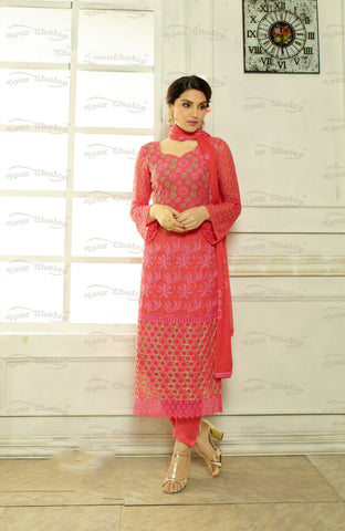 Designer Embroidery Long Salwar Suit Collection - Ready To Stitch Material / Pink And Multi Color Heavy Lace And Embroidery Work Straight Cut Long Salwar Suits For Party / Wedding / Special Occasion - Ready to Stitch - Boutique4India Inc.