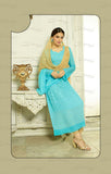Designer Embroidery Long Salwar Suit Collection - Ready To Stitch Material / Blue And Golden Heavy Lace And Embroidery Work Straight Cut Long Salwar Suits For Party / Wedding / Special Occasions - Ready to Stitch - Boutique4India Inc.