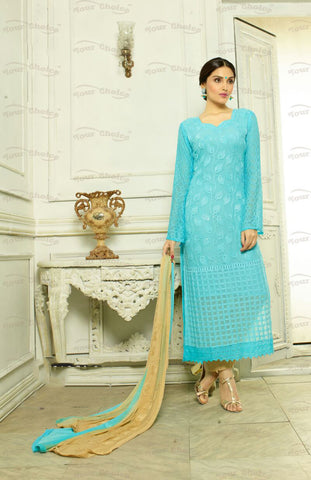 Designer Embroidery Long Salwar Suit Collection - Ready To Stitch Material / Blue And Golden Heavy Lace And Embroidery Work Straight Cut Long Salwar Suits For Party / Wedding / Special Occasions - Ready to Stitch - Boutique4India Inc.