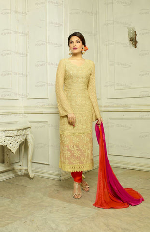 Designer Embroidery Long Salwar Suit Collection - Ready To Stitch Material / Golden And Red Heavy Lace And Embroidery Work Straight Cut Long Salwar Suits For Party / Wedding / Special Occasions - Ready to Stitch - Boutique4India Inc.
