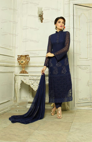 Designer Embroidery Long Salwar Suit Collection - Ready To Stitch Material / Royal Blue Heavy Lace And Embroidery Work Straight Cut Long Salwar Suits For Party / Wedding / Special Occasions - Ready to Stitch - Boutique4India Inc.