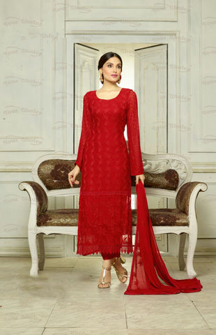 Designer Embroidery Long Salwar Suit Collection - Ready To Stitch Material / Ruby Red Heavy Lace And Embroidery Work Straight Cut Long Salwar Suits For Party / Wedding / Special Occasions - Ready to Stitch - Boutique4India Inc.