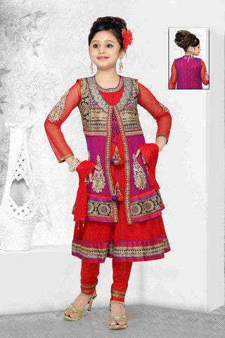 Embroidered Jarri, stone and Designer Art Salwar Suit in Red And Purple - Boutique4India Inc.