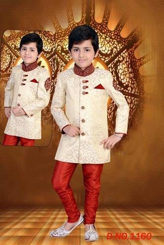 Boy's - Cream / Golden And Ruby Red Sherwani Suits - Boy's Party And Wedding Collection Sherwani Suits For Special Occasions - Boutique4India Inc.