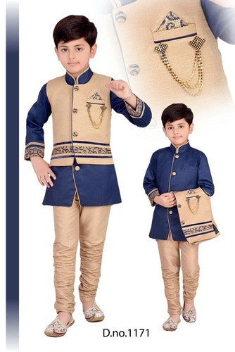 Boy's - Royal Blue And Goldenish Cream  Sherwani Suits - Boy's Party And Wedding Collection Sherwani Suits For Special Occasions - Boutique4India Inc.