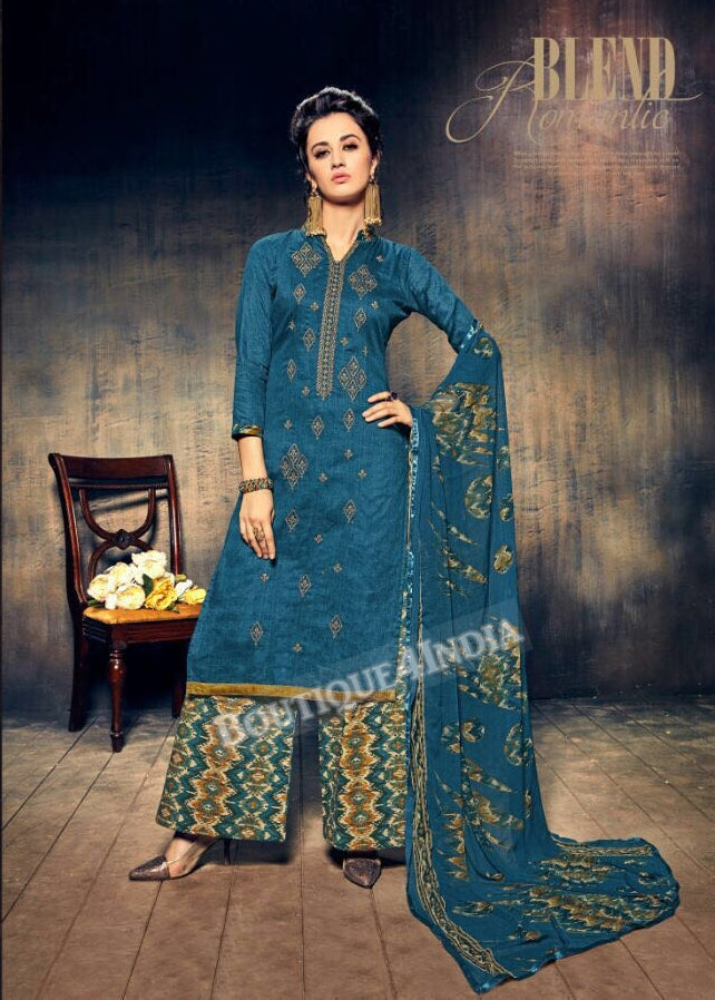 Chathams Blue Pure Jam Silk Cotton Salwar Palazoo Suit