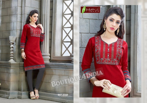 Red Cotton 3/4 sleeves Slub Kurti 