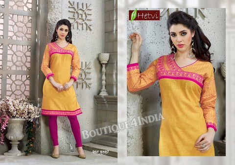 Yellow Cotton 3/4 sleeves Slub Kurti 