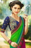 Net and Faux Chiffon Saree in Green, Pink and Blue - Boutique4India Inc.