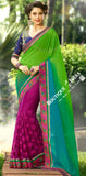 Net and Faux Chiffon Saree in Green, Pink and Blue - Boutique4India Inc.