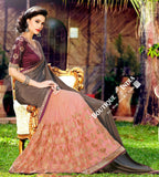 Net Faux Chiffon Saree with Embroidered Net Peach grey and Maroon - Boutique4India Inc.