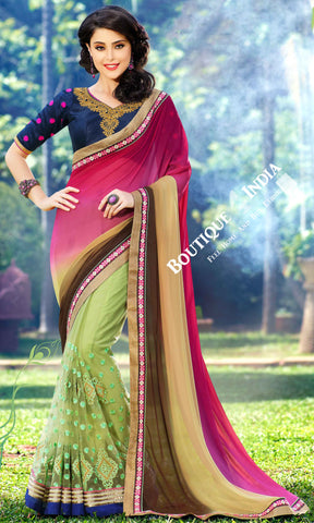 Net Faux Chiffon Saree with Hot Pink, Green and Blue - Boutique4India Inc.