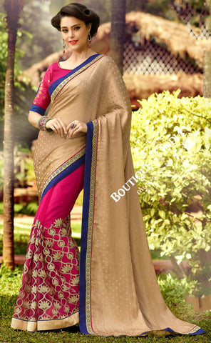 Net Faux Chiffon Saree with Pink, Golden and Blue - Boutique4India Inc.