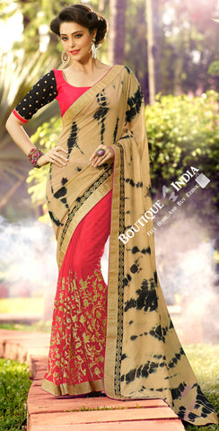 Net Faux Chiffon Saree with Pink, Black Shade and Golden - Boutique4India Inc.