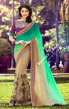 Net Faux Chiffon Saree with Green Golden and Royal Purple - Boutique4India Inc.