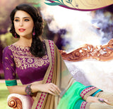Net Faux Chiffon Saree with Green Golden and Royal Purple - Boutique4India Inc.