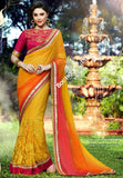 Net Faux Chiffon Saree with Orange, Ruby Red and Golden - Boutique4India Inc.