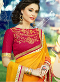 Net Faux Chiffon Saree with Orange, Ruby Red and Golden - Boutique4India Inc.