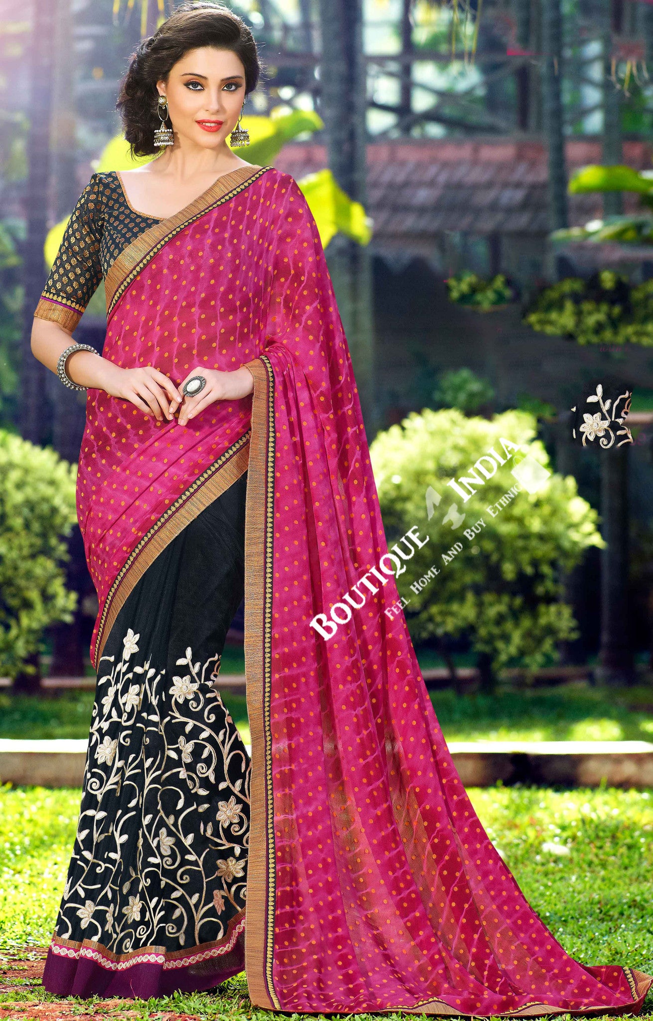 Net Faux Chiffon Saree - Silky Hot Pink and Golden - Boutique4India Inc.